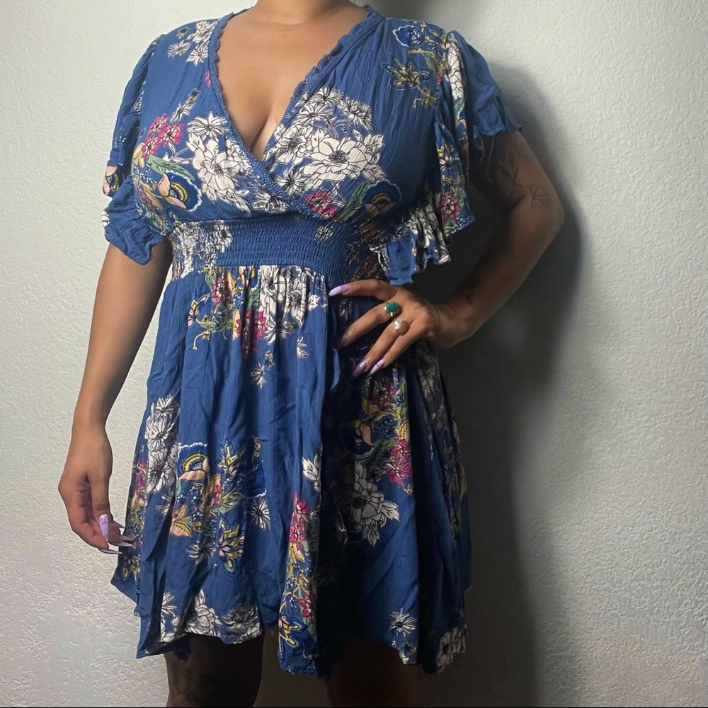 Blue V-Neck Floral Summer Dress